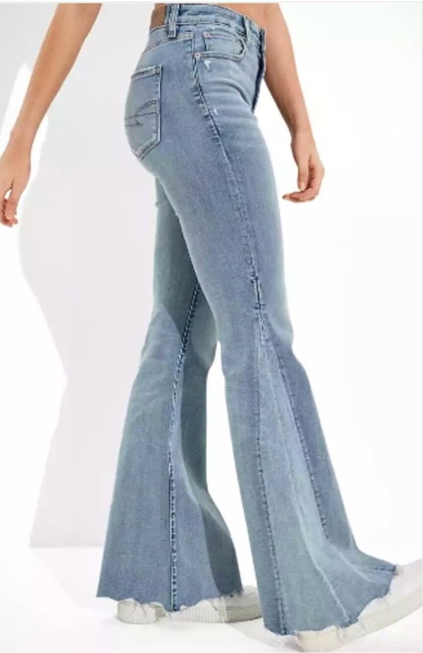 American Eagle Mid Rise Festival Flare Raw Hem Jeans Blue 0